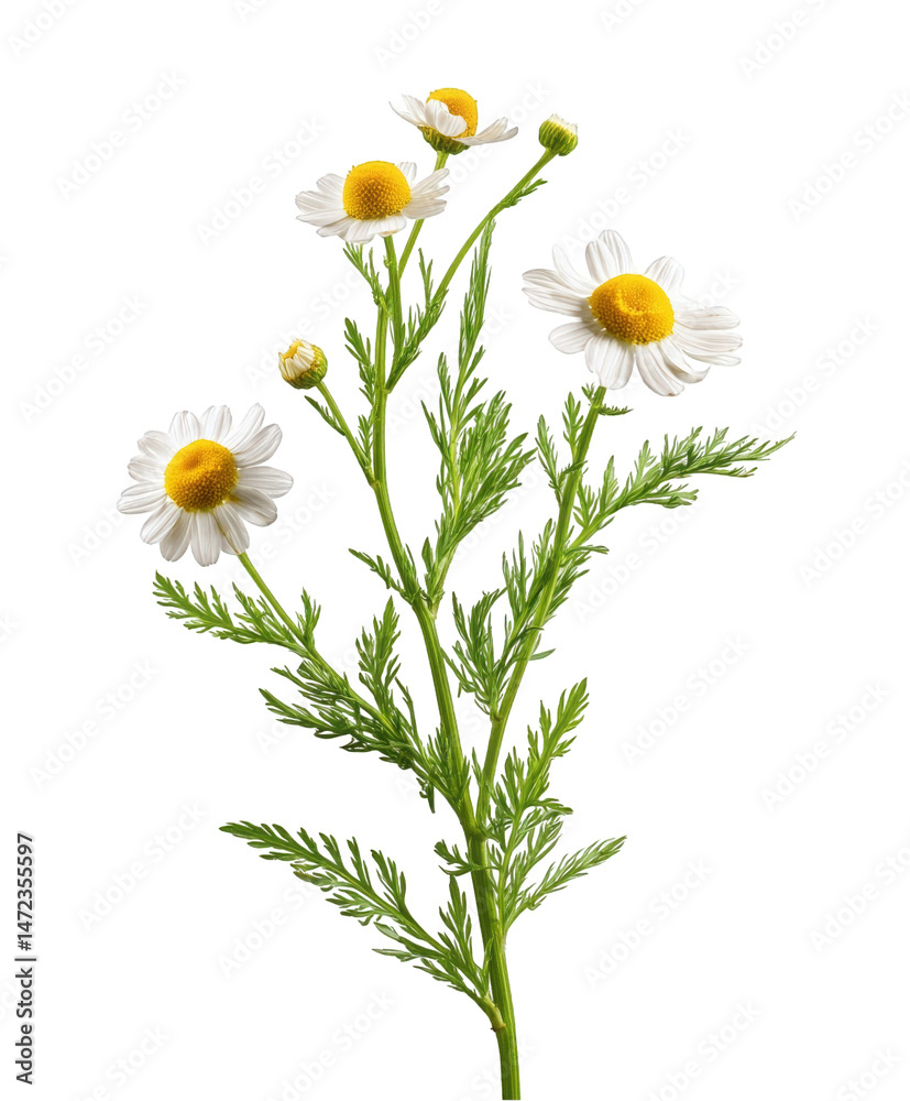 Obraz premium Beautiful white chamomile flowers blooming isolated on studio shot detailed green leaves floral on transparent background herb stem