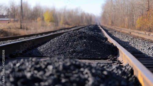 A pile of dark ballast sits atop railroad tracks, extending into the distance on a sunny autumn day. : Generative AI