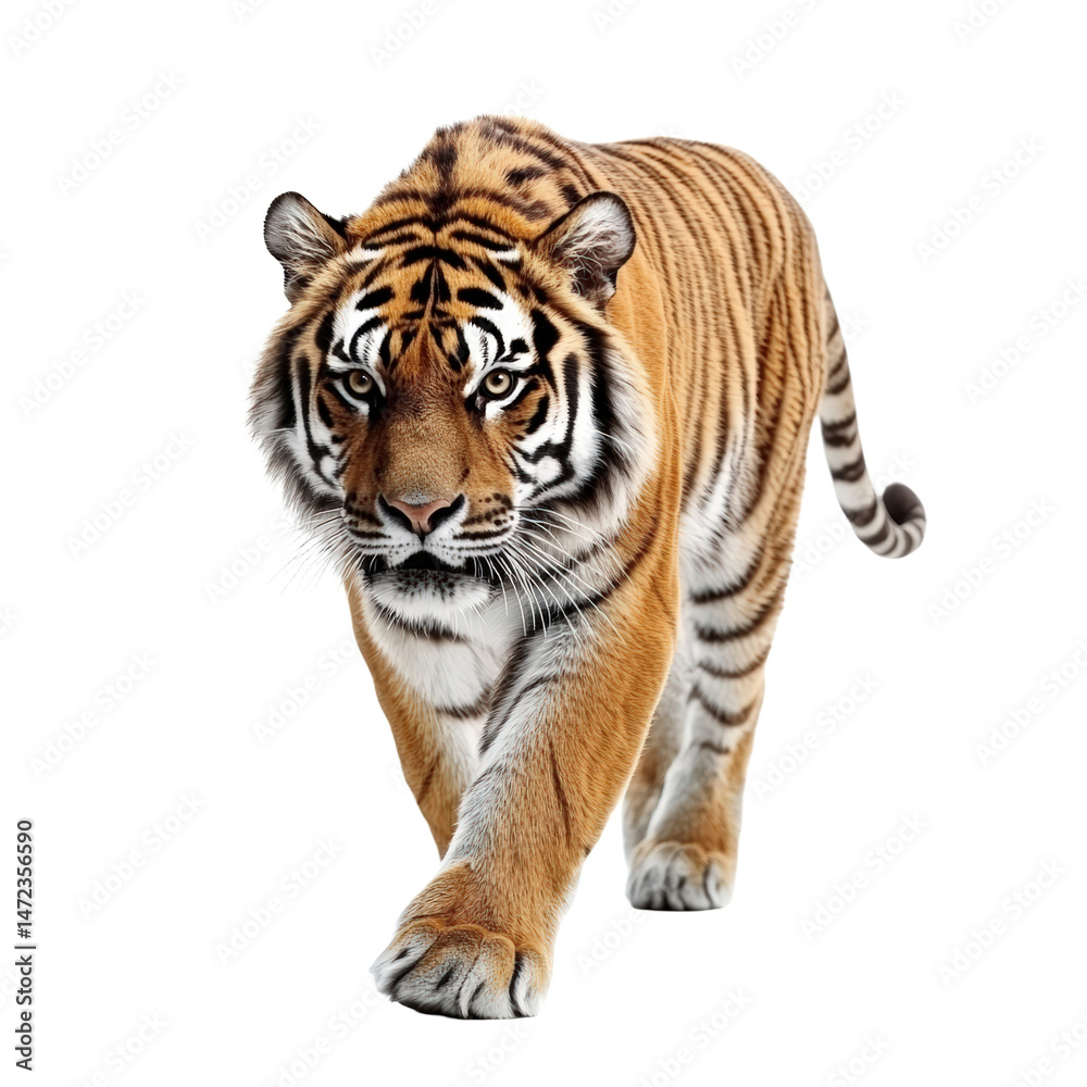 Naklejka premium Siberian Tiger Walking Isolated on White Background High Fidelity Image