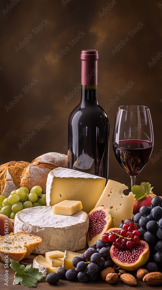 Still life featuring wine, cheese, bread, and grapes, evoking rustic charm and culinary delight. Still life featuring wine, cheese, bread, and grapes, evoking rustic charm and culinary delight.