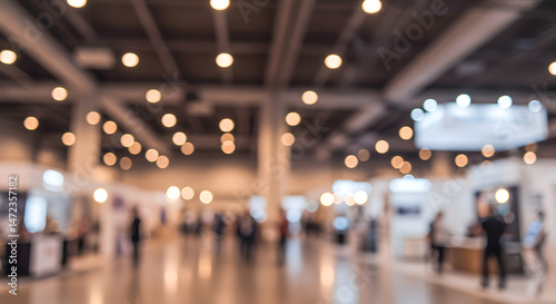 Abstract Blurred Interior of Large Event Space with Shiny Floor Overhead Lights and People near Booths