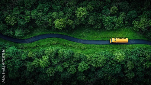Aerial View of a Yellow School Bus Traveling on a Winding Road Through Lush Green Forest