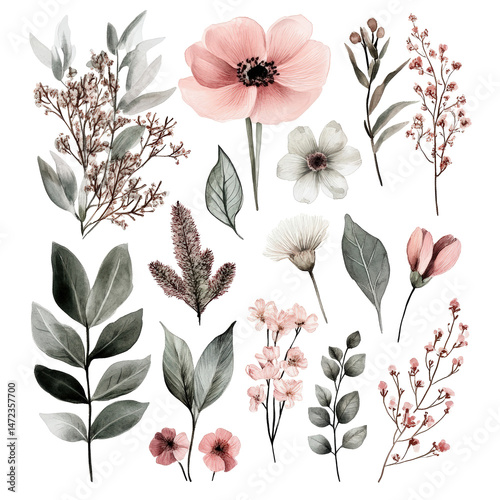 Watercolor Floral Elements for Valentine's Day Celebrations