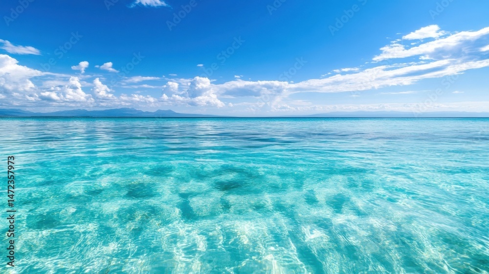 Obraz premium Tranquil turquoise ocean water with a distant mountain range under a bright blue sky, showcasing a serene and idyllic seascape. : Generative AI