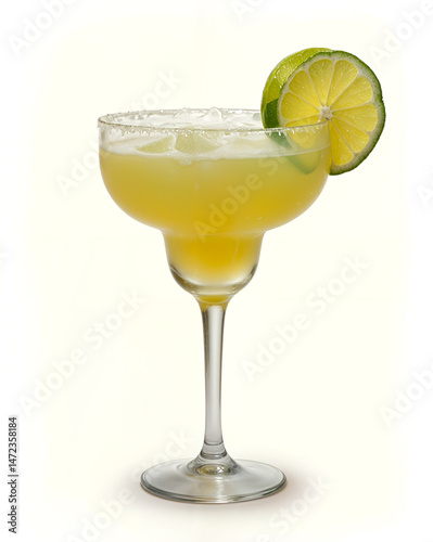 Classic Margarita Cocktail with Lime Wheel on Glass Rim, Refreshing Summer Drink