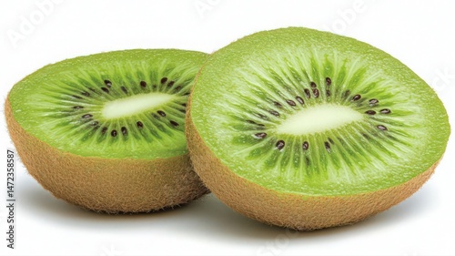 Two Sliced Kiwi Fruit Showcasing Vibrant Green Flesh and Brown Fuzzy Skin on White Background