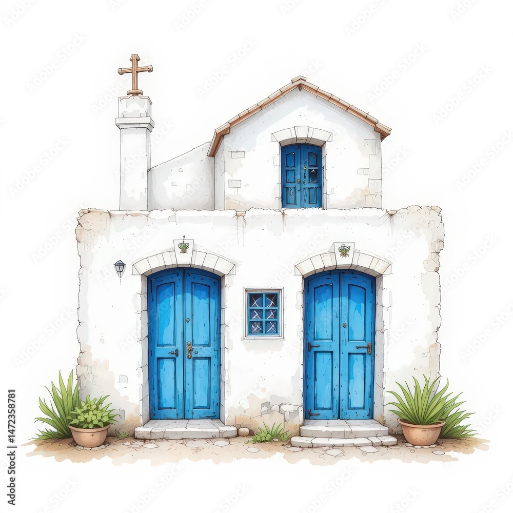 Fototapeta premium Charming White Building With Blue Doors and Cross on Top, Representing Mediterranean Architecture