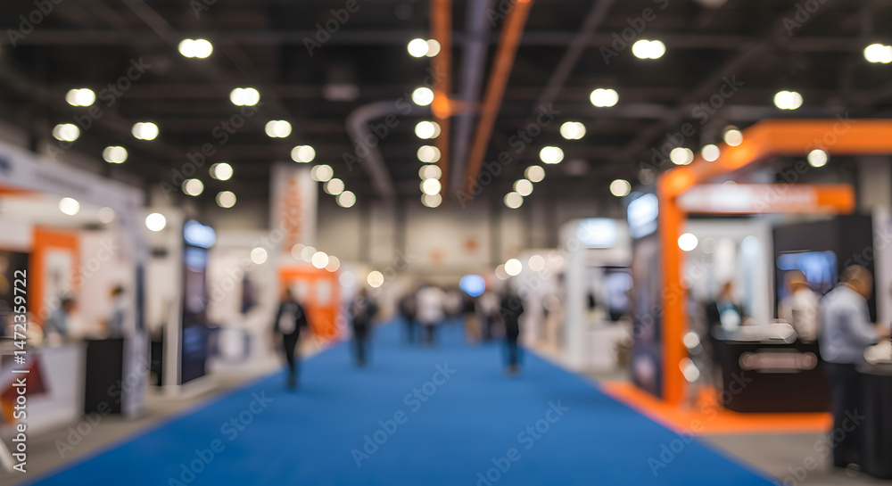 Fototapeta premium Blurred Convention Hall with Blue Carpet and Exhibition Booths Under Bright Lights
