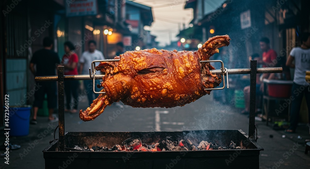 Naklejka premium Whole lechon roasted on charcoal spit in urban street with people watching background scene