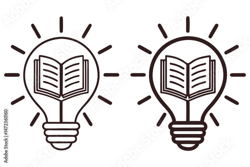 Two lightbulbs with an open book inside symbolize knowledge and bright ideas