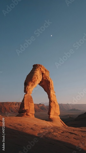Scenic rock formation under a blue sky with a sliver of moon, desert landscape and golden light.