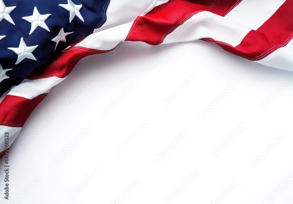 American flag draped elegantly on a white background, leaving ample space for text or design elements. Perfect for patriotic celebrations or memorial designs. : Generative AI American flag draped elegantly on a white background, leaving ample space for text or design elements. Perfect for patriotic celebrations or memorial designs. : Generative AI