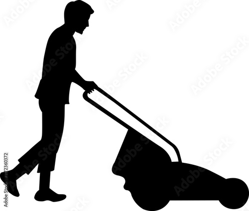 silhouette man, grass mower machine, vector design, mowing machine,