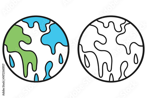 Two cartoon Earths present colored continents and blue raindrops on a white background