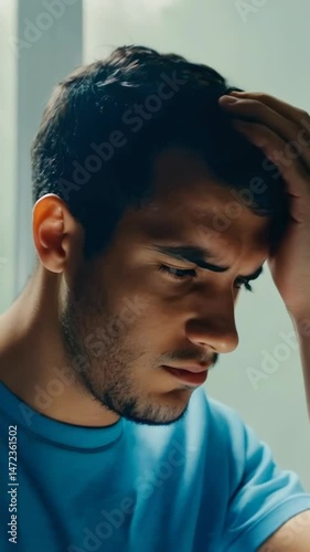 Stressed young man in blue shirt runs hand through dark hair with worried expression. Face shows anxiety and frustration as he contemplates difficult situation in moody lighting.