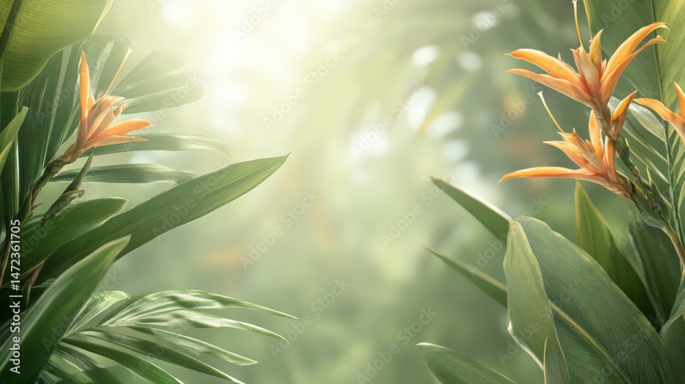 Fototapeta premium Vibrant Tropical Background with Lush Orange Flowers and Green Leaves