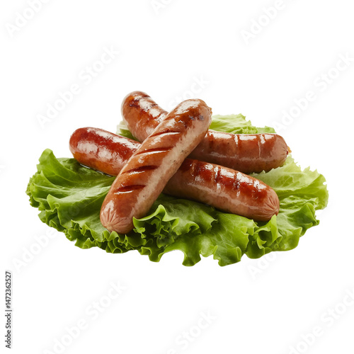 Grilled pork sausages with lettuce isolate d on transparent or white background photo