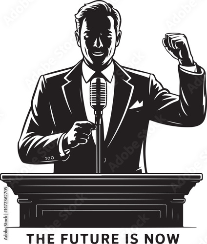 Confident Speaker Silhouette at Podium with Future Is Now Message