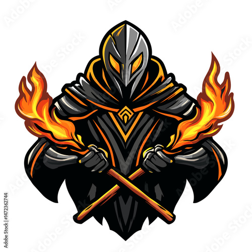 Esports logo featuring a fierce warrior holding flaming torches in an action-packed design suitable for gaming teams
