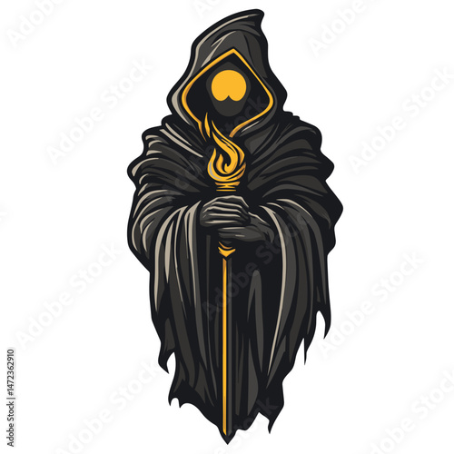 Vector esports logo featuring a mysterious cloaked figure holding a staff with a flame design
