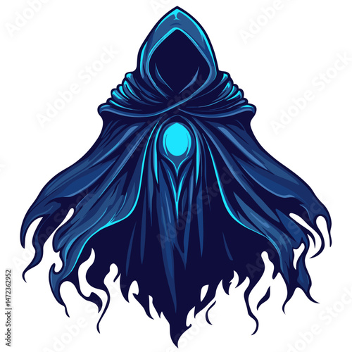 Vector esports logo featuring a mysterious cloaked figure in dark blue with glowing blue accents and a flowing design for a unique gaming identity
