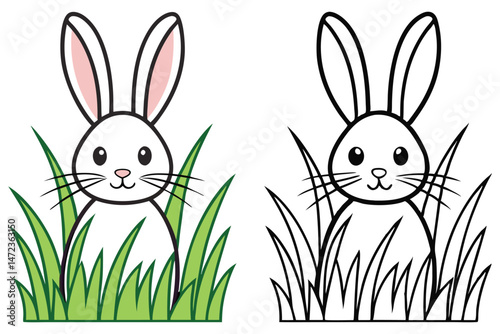 Two cute white bunny designs peek from behind green grass