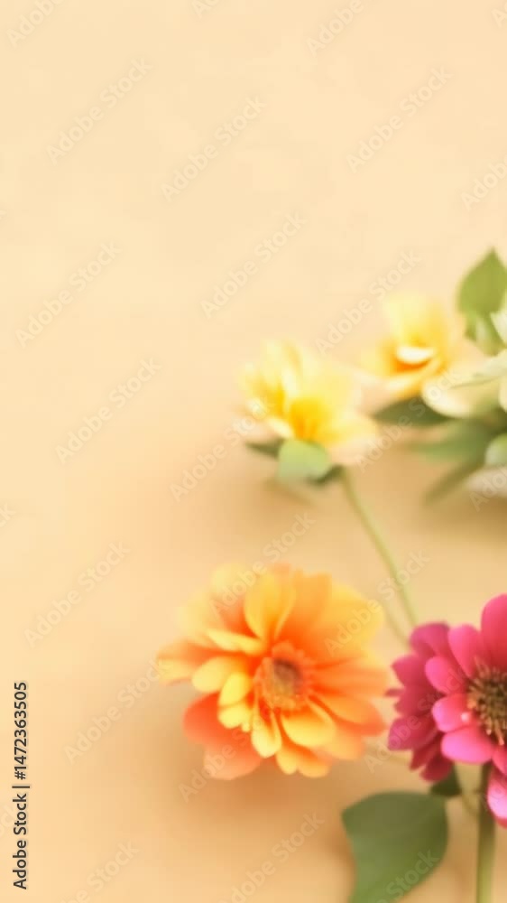 Vibrant yellow daffodils and pink dahlias arranged on a beige background, perfect for floral design and decoration projects. Vibrant yellow daffodils and pink dahlias arranged on a beige background, perfect for floral design and decoration projects.