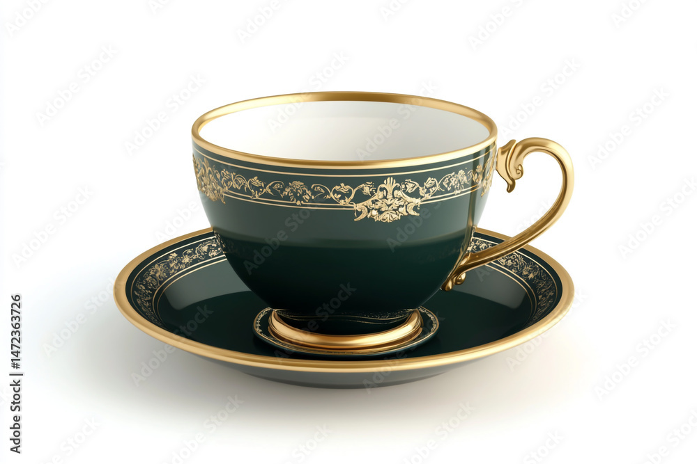 Fototapeta premium Clip art of a dark green cup and saucer with gold trim on a white background