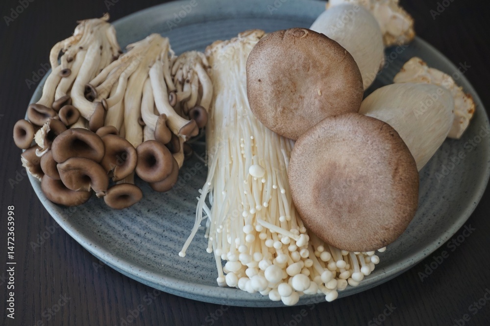 Fototapeta premium Enoki Mushroom, Oyster mushroom (pleurotus ostreatus) on a dark background, cooking. Asian cuisine. 팽이버섯, 새송이 버섯, 팩느타리 버섯.
