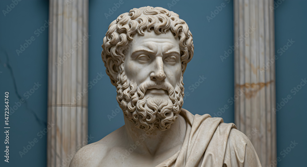 Detailed Marble Bust of Bearded Man with Classical Columns Backdrop in Museum Detailed Marble Bust of Bearded Man with Classical Columns Backdrop in Museum