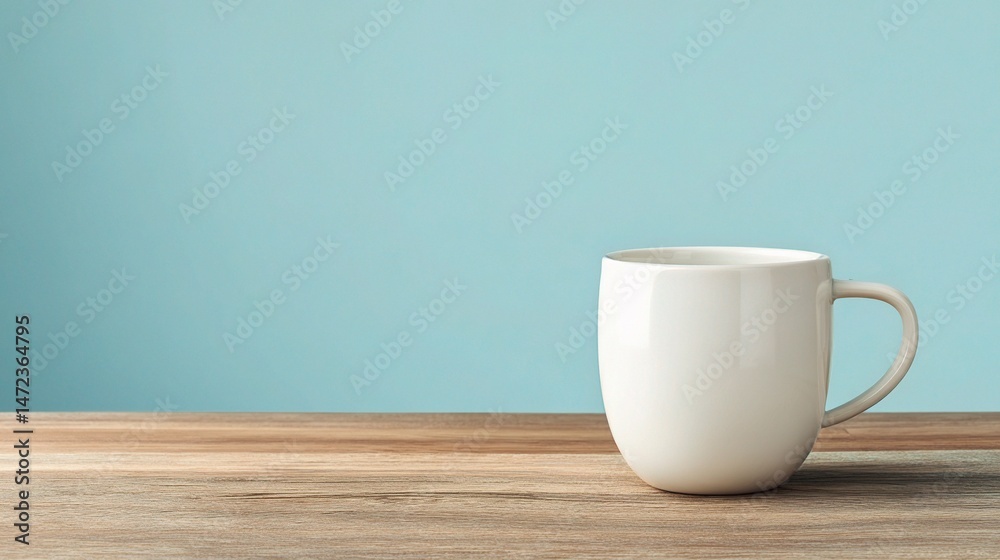 Elegant White Coffee Mug on Wooden Desk with Soft Blue Background Elegant White Coffee Mug on Wooden Desk with Soft Blue Background