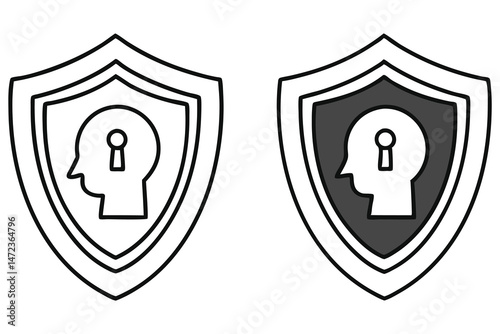 Two shields contain a head silhouette with a keyhole within the mind outline