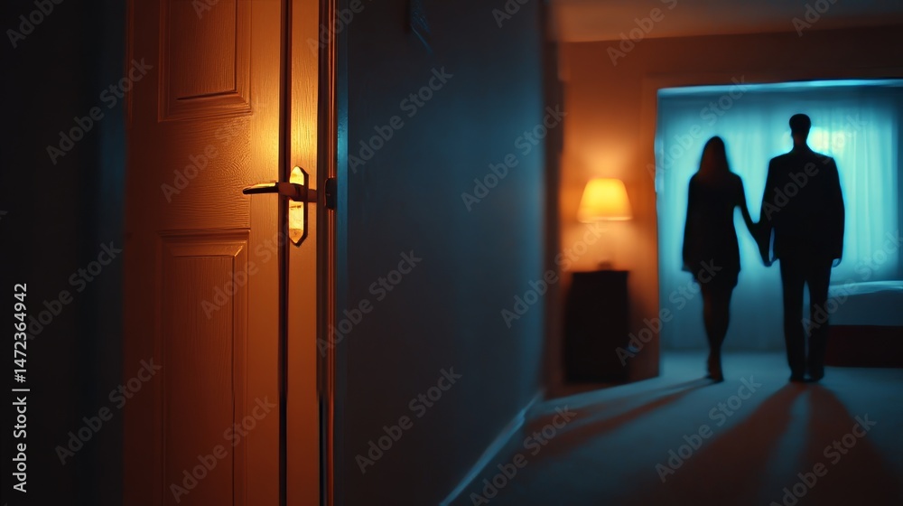 Fototapeta premium Couple holding hands walking in hotel room at night