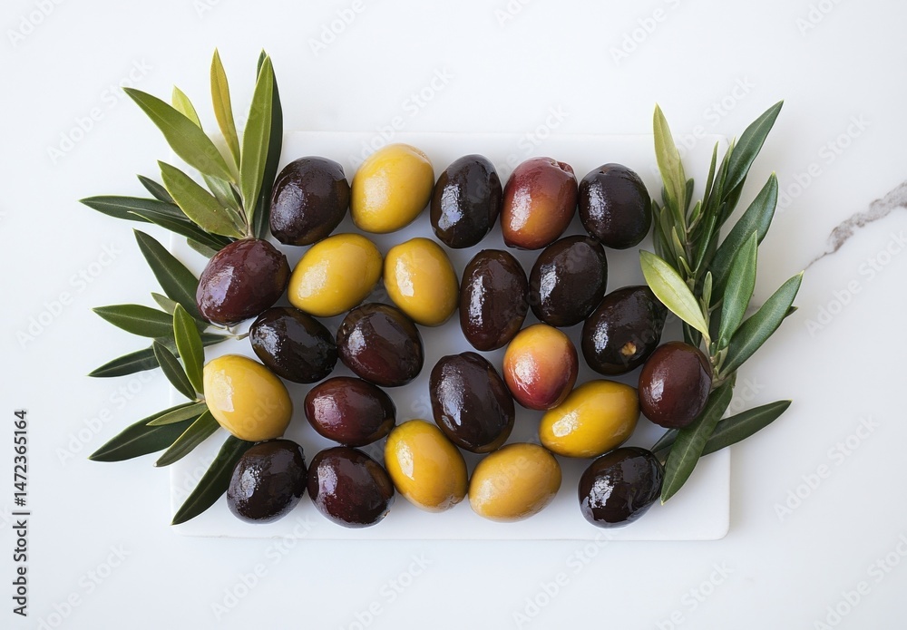 A vibrant collection of Kalamata and green olives arranged on a white marble surface, garnished with fresh olive branches, creating a visually appealing food photography image. : Generative AI A vibrant collection of Kalamata and green olives arranged on a white marble surface, garnished with fresh olive branches, creating a visually appealing food photography image. : Generative AI