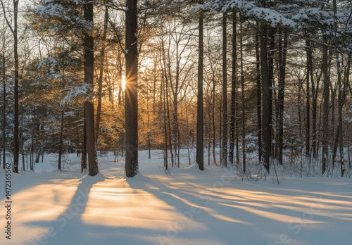 Golden sunset rays illuminate a snow-covered winter forest, casting long shadows across the pristine white landscape.  Tall trees stand silhouetted against the warm light. : Generative AI