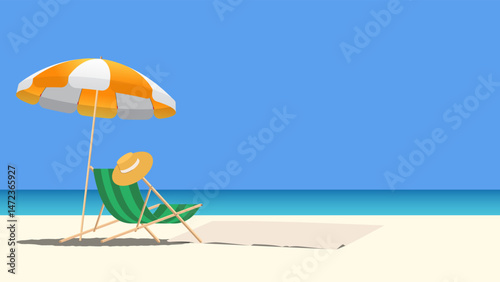 Relaxing beach scene with a striped umbrella, beach chair, and sun hat on the sand under a clear blue sky and calm turquoise water. 