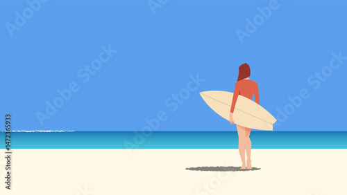 A woman standing on beach with surfboard, gazing at the wave in ocean under a clear blue sky. Banner, poster for summer, holiday, vacation, and surfing themes. 