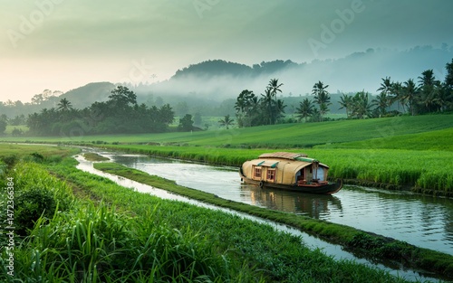 Spring, Wayanad, Kerala ,Hills, herbs, early monsoon mist, india, Misty Sunrise Houseboat on Rice Paddy Canal