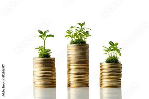 Stacks of Coins with Growing Plants Symbolizing Financial Growth