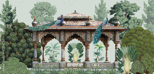 Mughal garden, arch, peacock, plant botanical landscape illustration. Trend mural wallpaper design, landscape illustration
