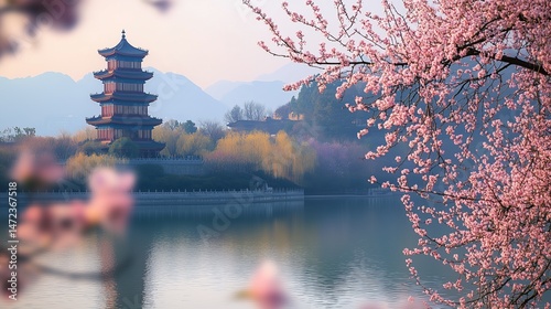Tranquil Lakeside Pagoda: Pink Blossoms Frame a Serene Asian Landscape

