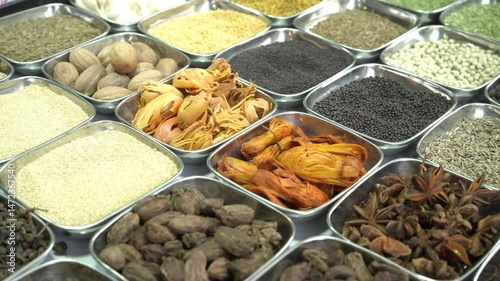 Variety of all spices in display at marketplace, Mumbai city, India