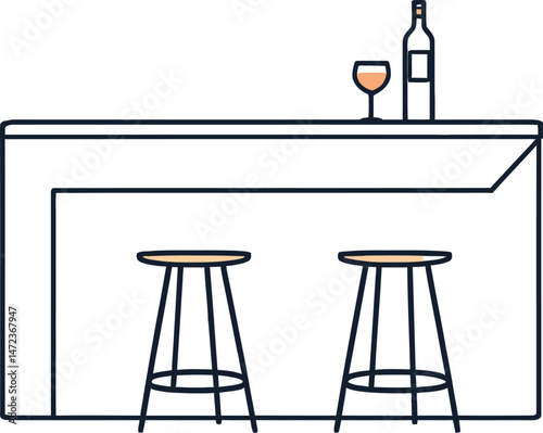 Minimalist Bar Counter Silhouette Featuring a Sleek Setup with Two Bar Stools in Front of a High Counter, Adorned with a Single Wine Bottle and Glass, Capturing a Modern and Sophisticated Lounge 