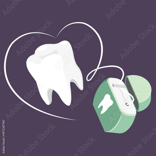 Tooth and dental floss in love. Dental care concept. Isometric vector illustration