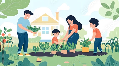 Family working together in a home garden to grow vegetables