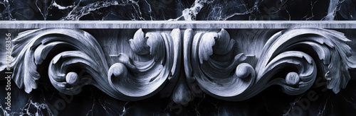 Intricate stone carving detail, showcasing elegant acanthus leaf motifs and swirling patterns, set against a dark marble background.  The piece exhibits a high level of craftsmanship a : Generative AI