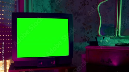 Retro TV with Green Screen in Vintage Room