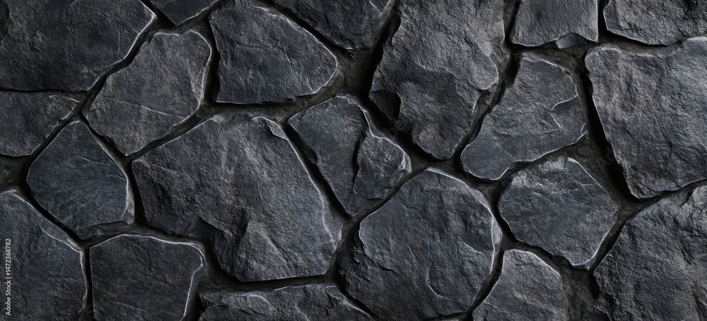 Fototapeta premium Dark gray stone wall texture, irregular shaped rocks, seamless pattern, rough surface, natural material, building facade, medieval architecture, gothic style, background image. : Generative AI