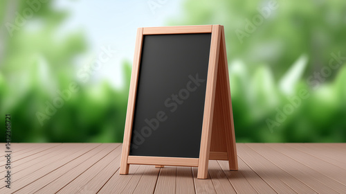 Standing menu board on wooden deck floor, forest cabin background with soft depth of field, natural greens and browns, commercial friendly, space for text