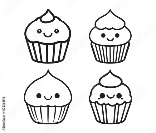 Cute cupcake illustration, kawaii dessert art. Cute kawaii cupcake line art